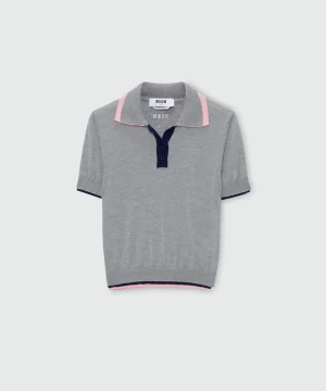 Grey wool polo shirt with double-edge trim