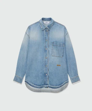 Stone-washed denim shirt with lace detail on the cuffs