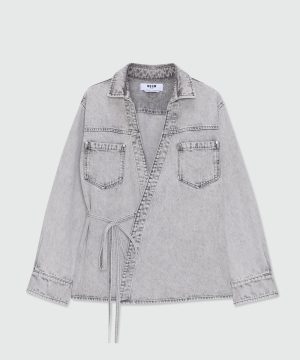 Grey stone-washed denim shirt with wrap closure and denim ties