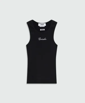 Black cotton ribbed tank top with front embroidery