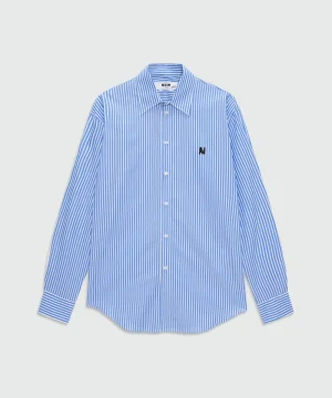 Light blue striped cotton poplin long-sleeve shirt with classic collar and front patch