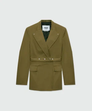 Military green double-breasted cotton gabardine jacket with belt and visible metal buttons