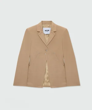 Beige cotton gabardine jacket with contrast stitching and single-button front fastening