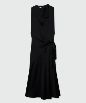 Black satin midi dress with tie belt and pareo effect