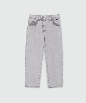 Grey stone-washed five-pocket denim trousers