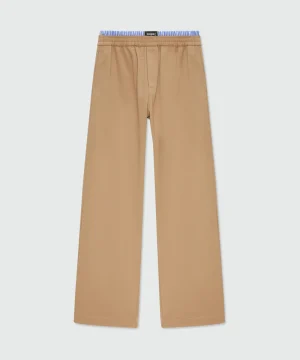 Beige wide-leg cotton gabardine trousers with double elasticated waistband