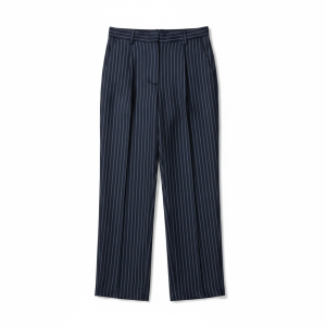 Navy pinstripe dress pants laid flat on a white background.