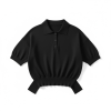 Black cropped polo shirt with short puff sleeves and a ribbed, elastic hem at the waist.