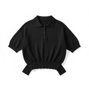 Black cropped polo shirt with short puff sleeves and a ribbed, elastic hem at the waist.