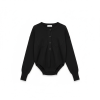 Black knit long-sleeve bodysuit with a button placket and decorative curved chest seams