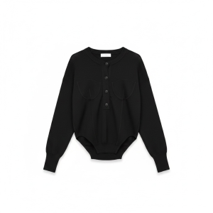 Black knit long-sleeve bodysuit with a button placket and decorative curved chest seams