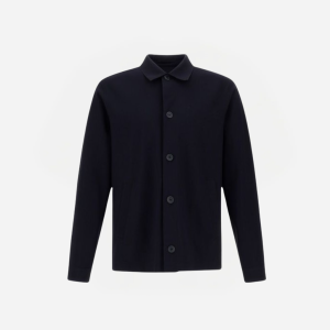 Dark navy button-front jacket with a simple collar and long sleeves against a light background.