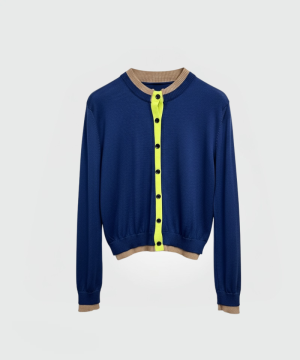 BLUE WOOL CARDIGAN WITH CONTRASTING DOUBLE-EDGE TRIM