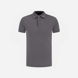 Grey polo shirt with short sleeves and a buttoned placket against a light background.