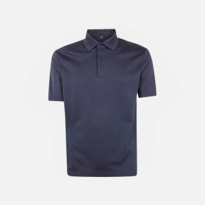 Navy polo shirt with short sleeves and a three-button placket on a white background, shown flat.