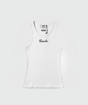 White cotton ribbed tank top with front embroidery