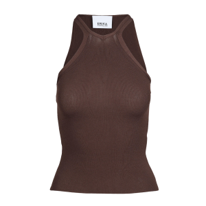 Brown ribbed sleeveless knit tank top with a high neckline and a white brand label at the back reading 'ERIKA CAVALLINI'