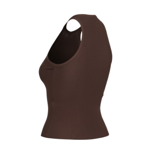 Brown sleeveless athletic tank top with rounded neckline, fitted silhouette, side seams visible on a white background