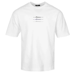 White short-sleeve T-shirt featuring a small trio of cursive word embroidery on the chest in black, blue, and gray colors.