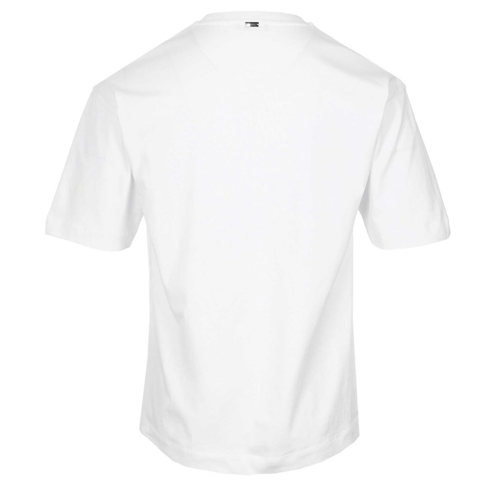 Back view of a plain white short-sleeve T-shirt on a torso mannequin, showing the neckline and sleeves.