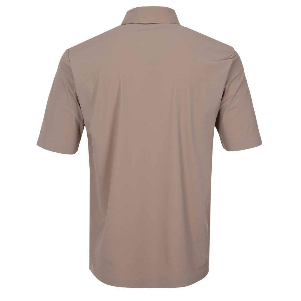 Back view of a beige short-sleeve shirt with a collar on a white background.