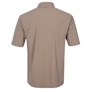 Back view of a beige short-sleeve shirt with a collar on a white background.