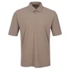Beige short-sleeve polo shirt with a classic collar and three-button placket on a white background.