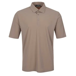 Beige short-sleeve polo shirt with a classic collar and three-button placket on a white background.