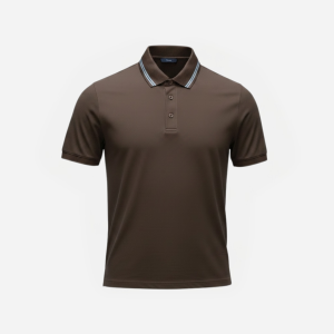 Brown polo shirt with a striped collar and short sleeves on a white background, front view.