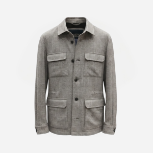 Gray plaid button-front jacket with four front pockets (two chest, two lower) and dark buttons.