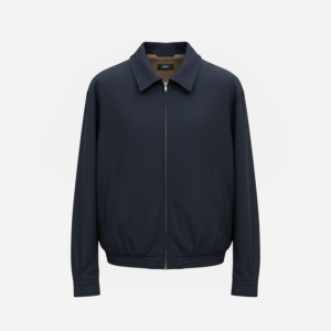 Navy bomber jacket with front zipper and two side pockets on a light background.