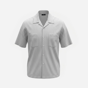 Light gray short-sleeve button-down shirt with vertical white stripes and two chest pockets.