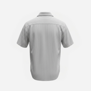 Back view of a gray and white striped short-sleeve shirt with a collar.