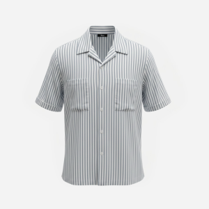 Light blue-and-white striped short-sleeve button-up shirt with two chest pockets and rolled cuffs.