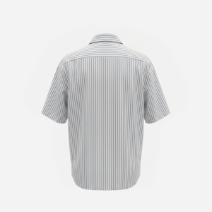 Back view of a light shirt with thin vertical navy stripes and short sleeves.