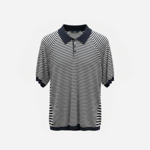 Navy and white striped polo shirt with a dark blue collar and matching sleeve cuffs on a light background](#)