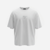 White oversized crew-neck T-shirt with a small horizontal stitched graphic of three wavering lines on the chest.