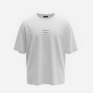 White oversized crew-neck T-shirt with a small horizontal stitched graphic of three wavering lines on the chest.