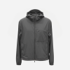 Gray hooded windbreaker jacket with full-zip front and chest zip pocket on the left side