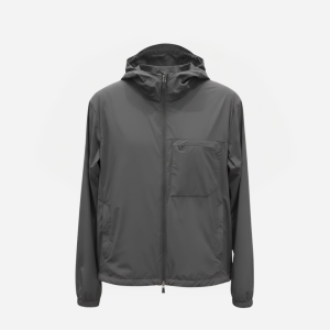 Gray hooded windbreaker jacket with full-zip front and chest zip pocket on the left side