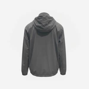 Back view of a gray hooded windbreaker-style jacket with elastic cuffs and hem, plain backdrop