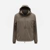 Taupe hooded windbreaker with front zipper and chest pocket.