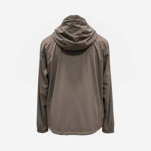 Back view of a taupe hooded windbreaker jacket with elastic cuffs and hem.