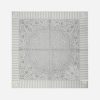 Gray bandana with a central paisley pattern and striped border, square-shaped fabric folded flat