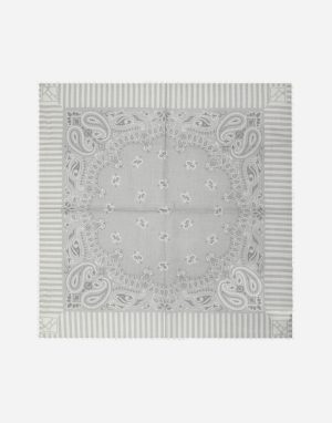 Gray bandana with a central paisley pattern and striped border, square-shaped fabric folded flat