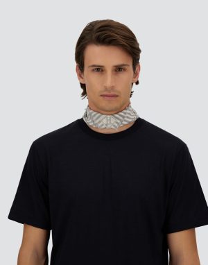 Male model wearing a plain black T-shirt with a light patterned neck scarf.