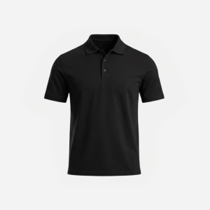 Black polo shirt with short sleeves, collar, and three-button placket displayed on a light background as a product image.