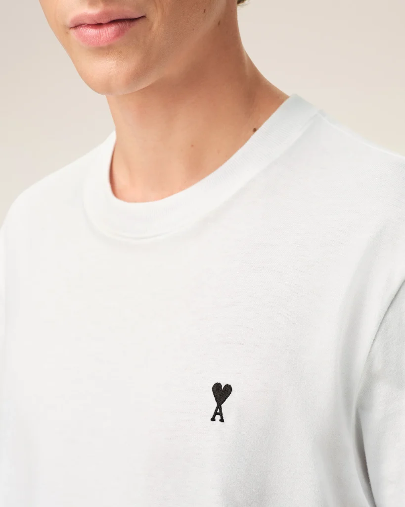 Close-up of a person’s neck and lower face wearing a white T-shirt with a small black heart graphic on the chest.