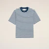 Blue and white striped short-sleeve T-shirt on a beige background, with a small heart embroidery on the chest area.