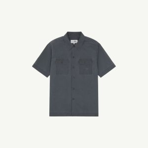 Dark gray short-sleeve button-up shirt with two chest pockets on a light background, front view.